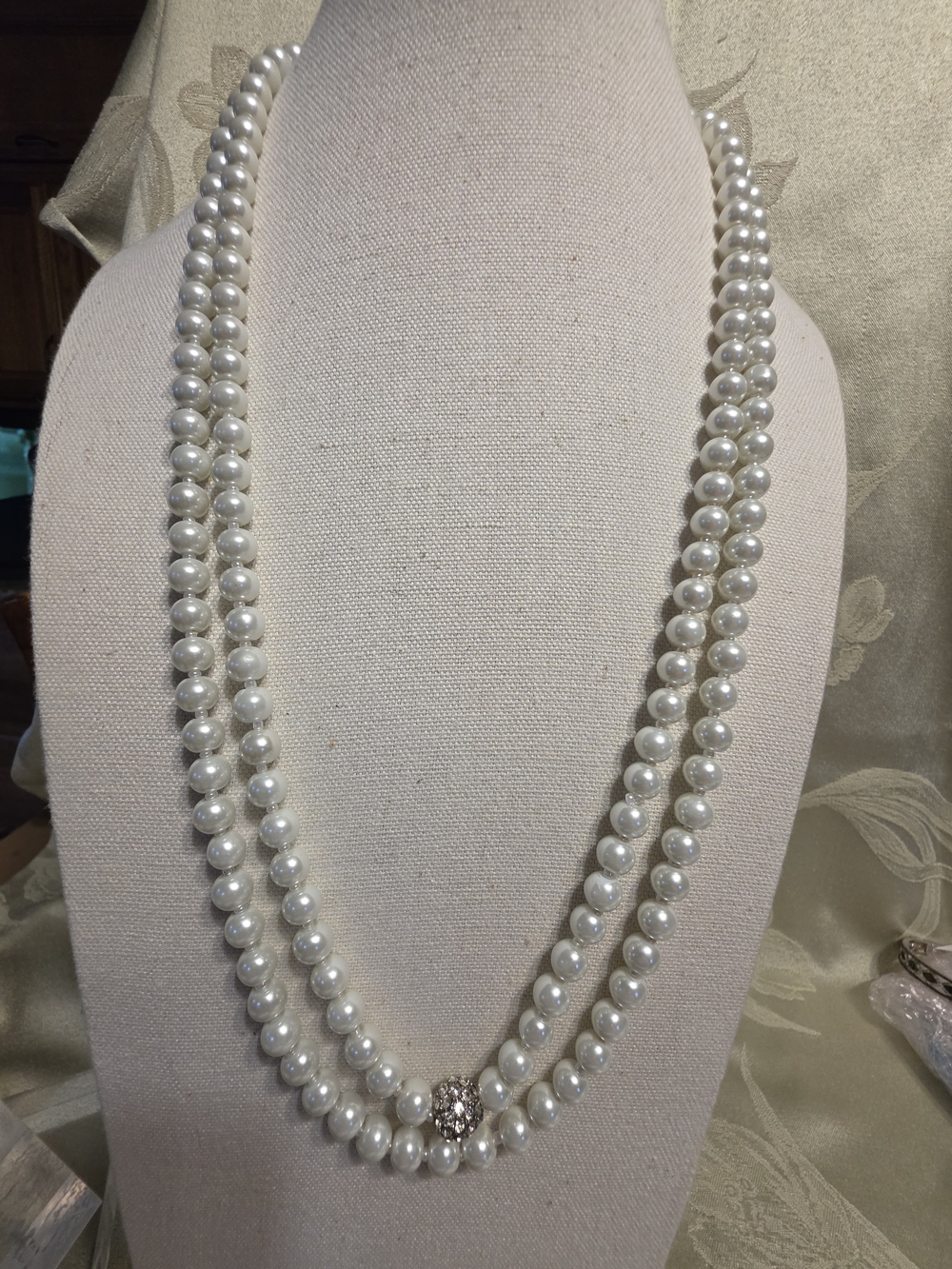 #1323 Classic White Faux Pearl Double Strand Necklace with Rhinestone Clasp
